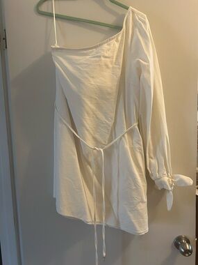 One-Shoulder White Asymmetrical Dress with Waist Tie